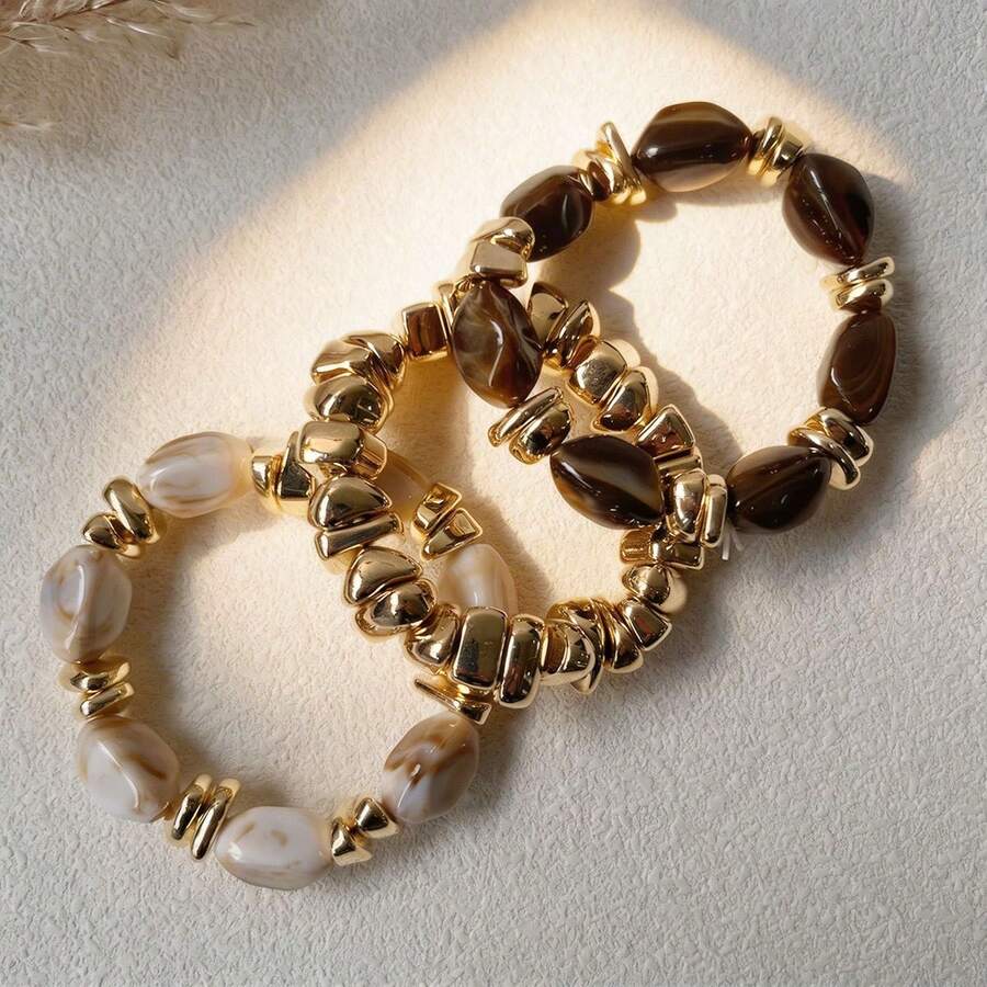 3pcs Vintage Multi-Layer Brown Acrylic Beaded Bracelet, Transformable Gold Chip Bracelet, For Women, Couples, Party, Daily Wear - 3-piece Bracelet Set E - View 1
