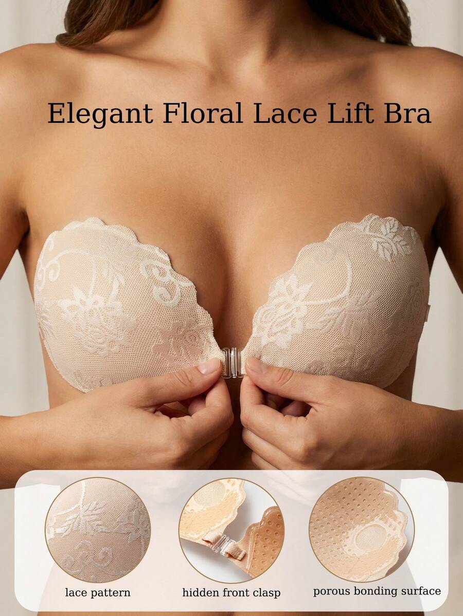 1pc Lace Invisible Push-Up Adhesive Bra With Detachable Clear Straps, Suitable For Party, Wedding, And Daily Wear - Multicolor - View 1