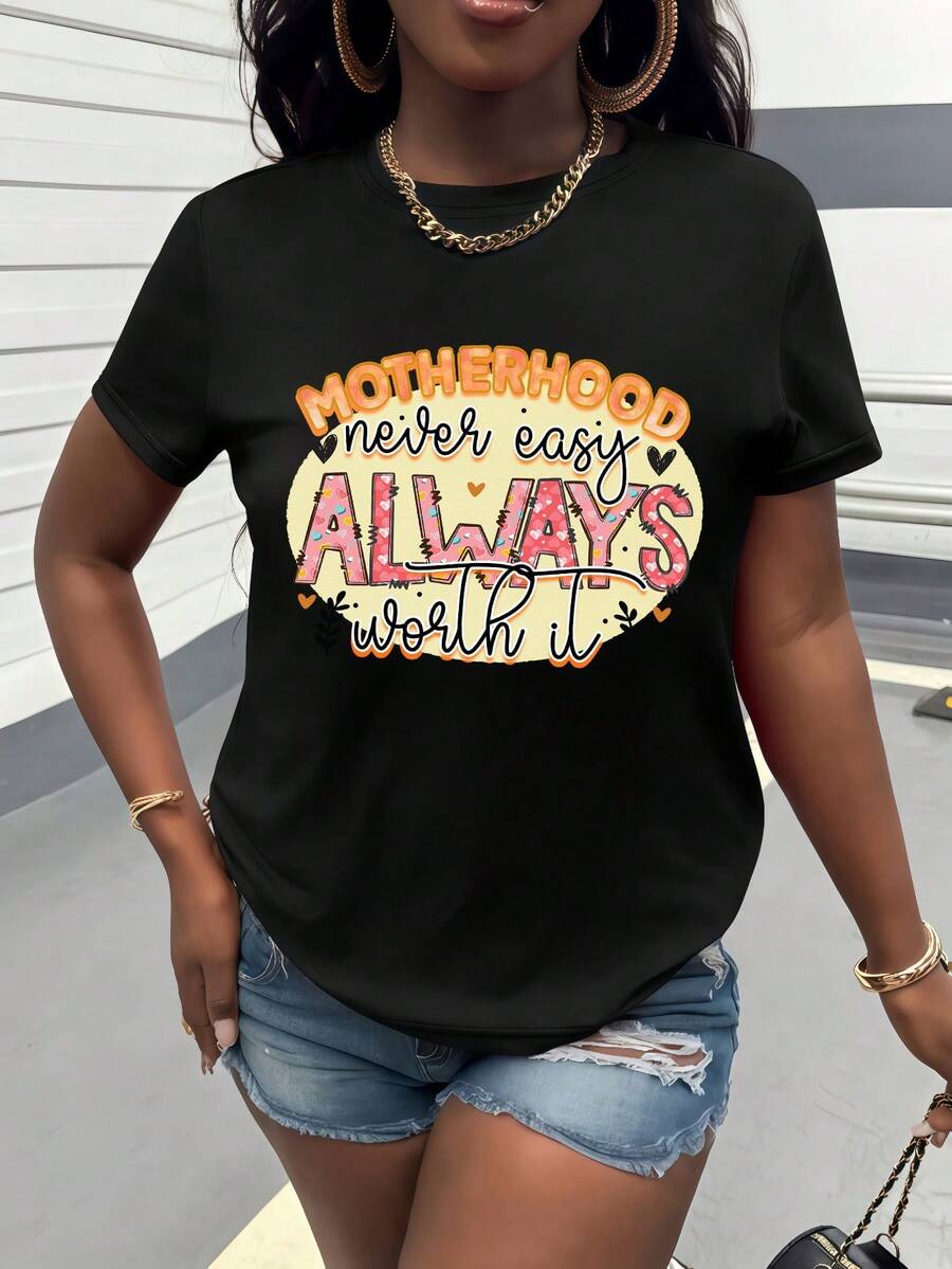 Camiseta Estampada con la Frase "Amor de Madre", Ropa de Mujer de Manga Corta y Cuello Redondo, Presenta un Diseño con Temática de Amor Materno, Transmite Emociones Cálidas, Cómoda y Versátil, Adecuada para Uso Diario en Verano, Regalo para el Día de la Madre, Regalo de Cumpleaños, Regalo para Mamá, Ropa para Expresar Amor, Conjuntos para Padres e Hijos, Ropa Familiar Acogedora, Camiseta Estampada Personalizada, Resalta el Encanto Femenino, Atuendo Casual a la Moda, Estilo de  Urbana, Atuendo de Amistad, Artículo de Moda, Fácil de Crear un Look, Tela Cómoda y Transpirable. - Negro - Ver 1