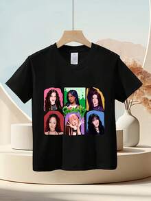 Camiseta Unisex de Algodón 100% con Retratos Nostálgicos de Hombres y Mujeres, Borde Colorido, Estilo Espeluznante, Suave, Esencial para Ropa Casual de Calle en Todas las Temporadas, Estilo Versátil para Todas las Temporadas, Uso Diario Asequible y Regalo Perfecto para Fans y Amigos - 220g - Negro - Ver 6