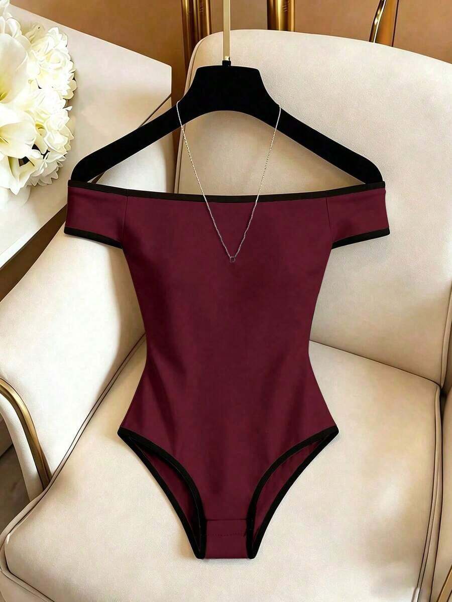 Nuevo body de mujer de hombros descubiertos de moda, minimalista y versátil, top blanco, body blanco, ajustado, adecuado para ir al trabajo, con encanto intelectual, atuendo de verano, ropa de primavera, playa, cumpleaños, vestido de cumpleaños, - Burdeos - Ver 1