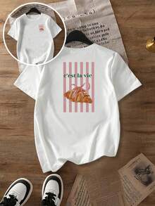 Camiseta de manga corta casual con estampado vibrante de cruasán y rayas para mujer de talla grande, cuello redondo, parte superior de primavera/verano, camiseta de mujer de talla grande, ropa de otoño para mujer de talla grande, ropa de otoño para mujer, ropa de otoño para mujer en negro - Blanco - Ver 8