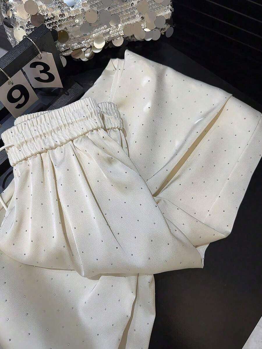 Pantalones rectos de cintura alta con goma elástica de satén, con brillos y anudado a la cintura - Beis - Ver 1