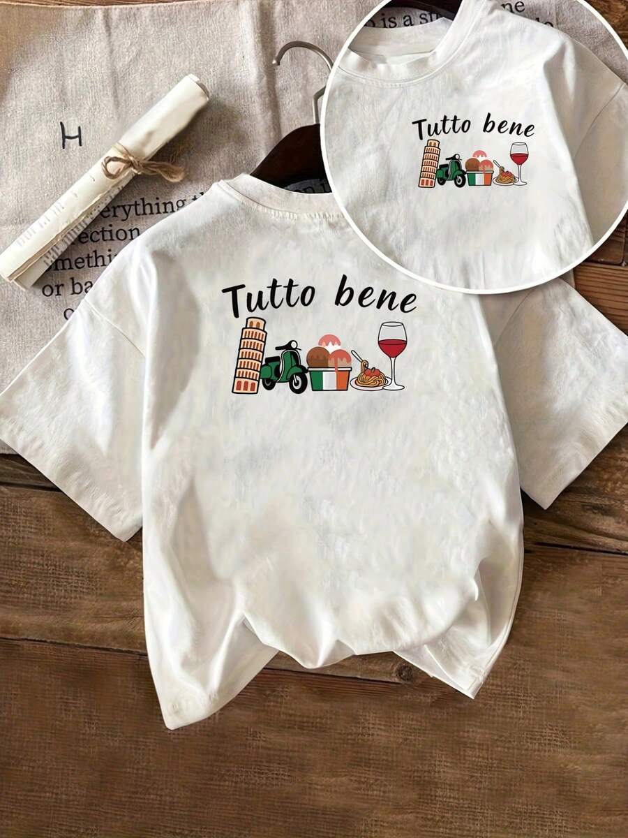 Camiseta estampada de manga corta, estilo italiano, camiseta casual de moda para mujer Tutto bene, top casual de manga corta con cuello redondo, para verano y primavera, ropa de mujer 100% algodón. - Blanco - Ver 1