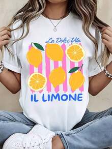 Camiseta Casual Blanca de Manga Corta con Estampado de Limones, Diseño La Dolce Vita Il Limone, Estilo Veraniego, Top de Moda para Mujer, 100% Algodón, Resistente - Blanco - Ver 1