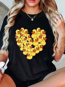 Novedad 2026: Camisetas Gráficas de Cuello Redondo Extra Grandes para Mujer, 100% Algodón, Estampado de Pato en Forma de Corazón, Ropa Casual, Tops de Manga Corta Holgados para Primavera, Camisetas Básicas de Moda para Verano, Regalo de Ropa para Mujer. Tela Suave, Transpirable, 100% Algodón, Camiseta de Mujer con Estampado Gráfico para Uso Diario. - Negro - Ver 1