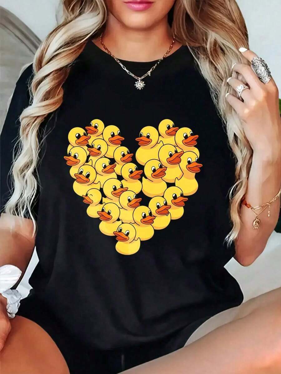 Novedad 2026: Camisetas Gráficas de Cuello Redondo Extra Grandes para Mujer, 100% Algodón, Estampado de Pato en Forma de Corazón, Ropa Casual, Tops de Manga Corta Holgados para Primavera, Camisetas Básicas de Moda para Verano, Regalo de Ropa para Mujer. Tela Suave, Transpirable, 100% Algodón, Camiseta de Mujer con Estampado Gráfico para Uso Diario. - Negro - Ver 1