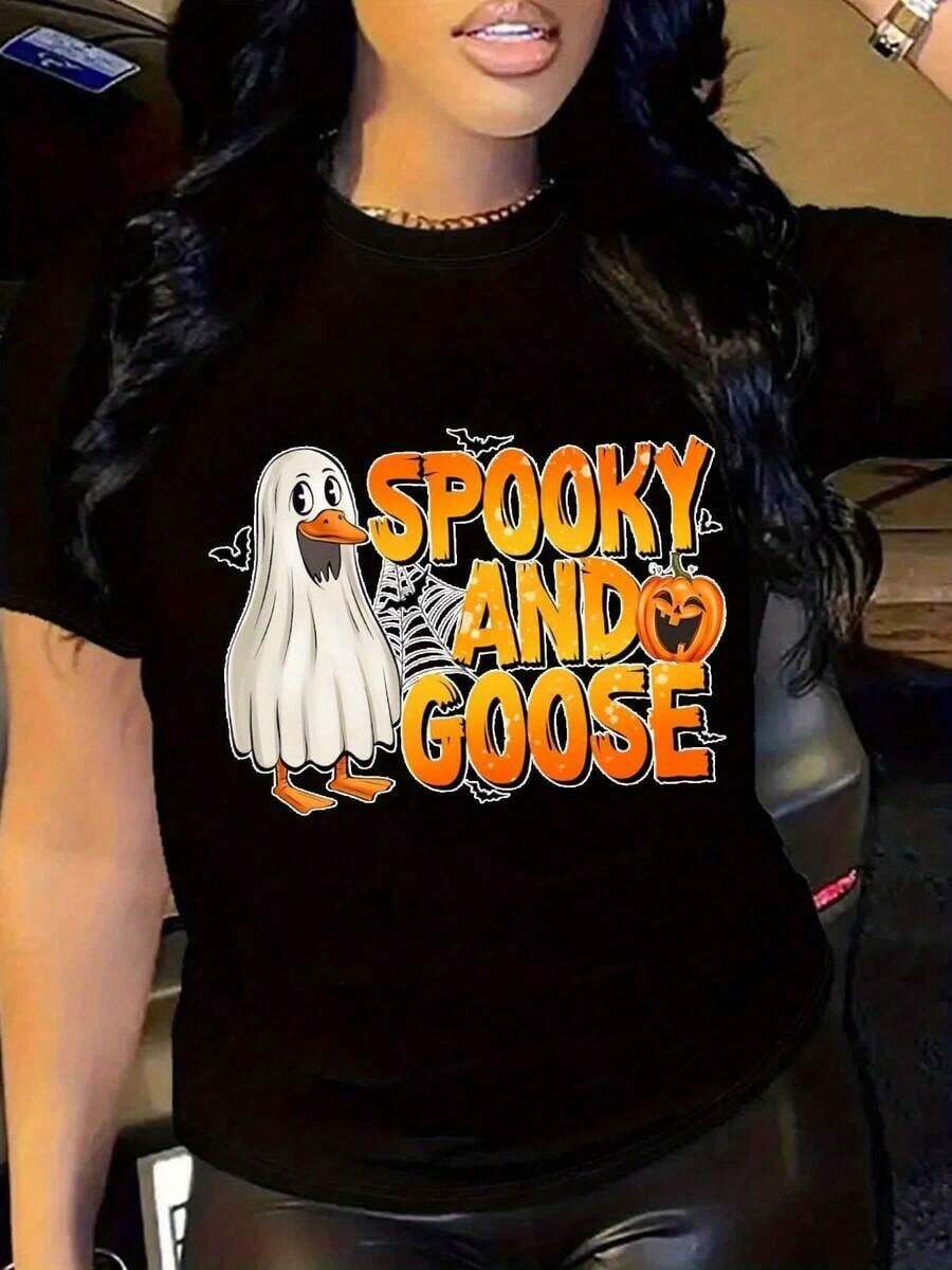 100% algodón puro, camiseta de mujer talla grande, cuello redondo, manga corta, casual, con estampado gráfico de algodón - Estampado de Ganso Espeluznante, camiseta cómoda para otoño e invierno, perfecta para Halloween, Día de Acción de Gracias, Navidad, regalos para familiares y amigos, camisetas para mujer. - Negro - Ver 1