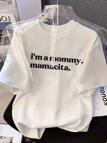 Camiseta con estampado de letras, manga corta y cuello redondo, top casual para verano y primavera, ropa de mujer - Blanco - Ver 1