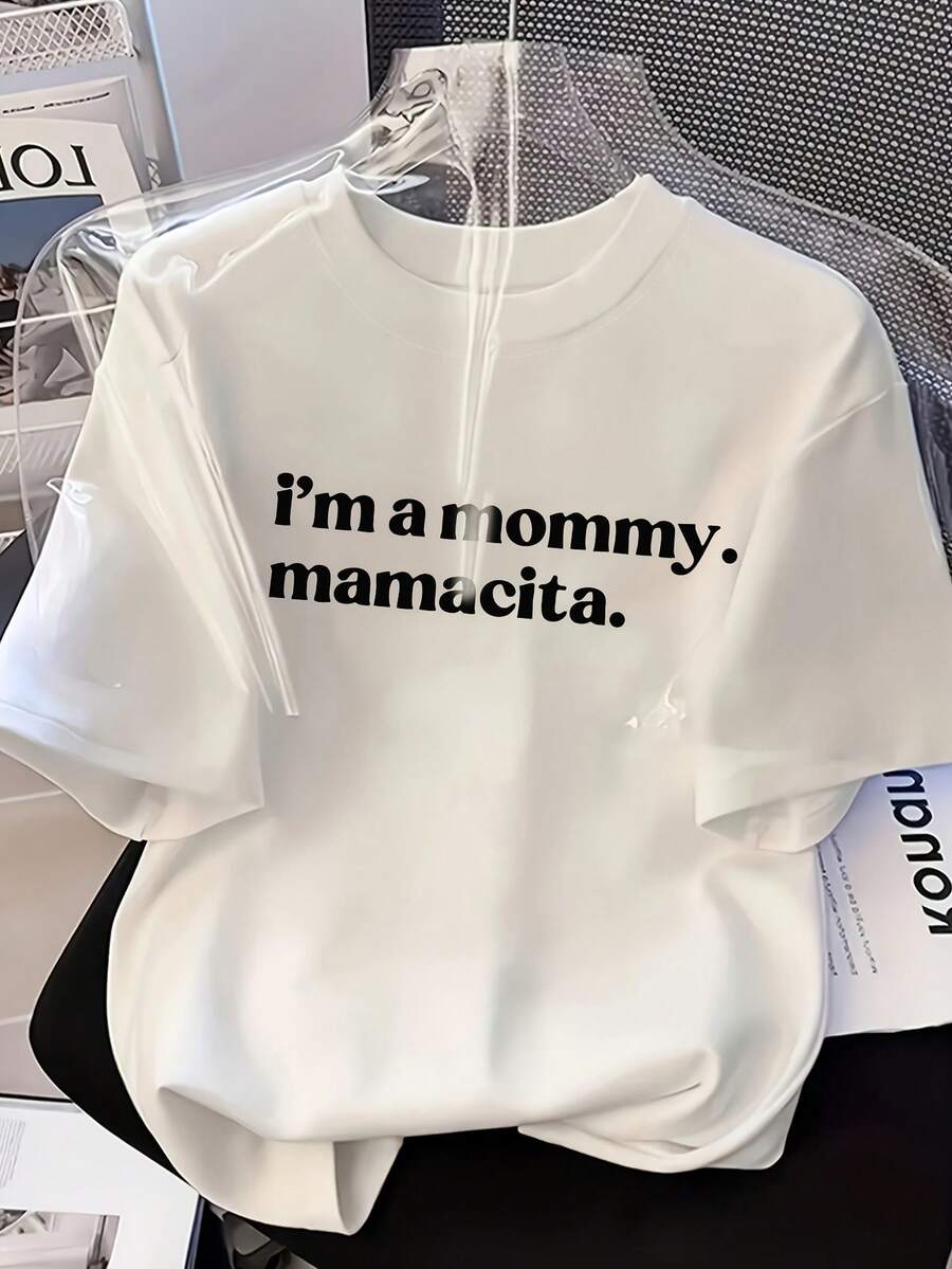 Camiseta con estampado de letras, manga corta y cuello redondo, top casual para verano y primavera, ropa de mujer - Blanco - Ver 1