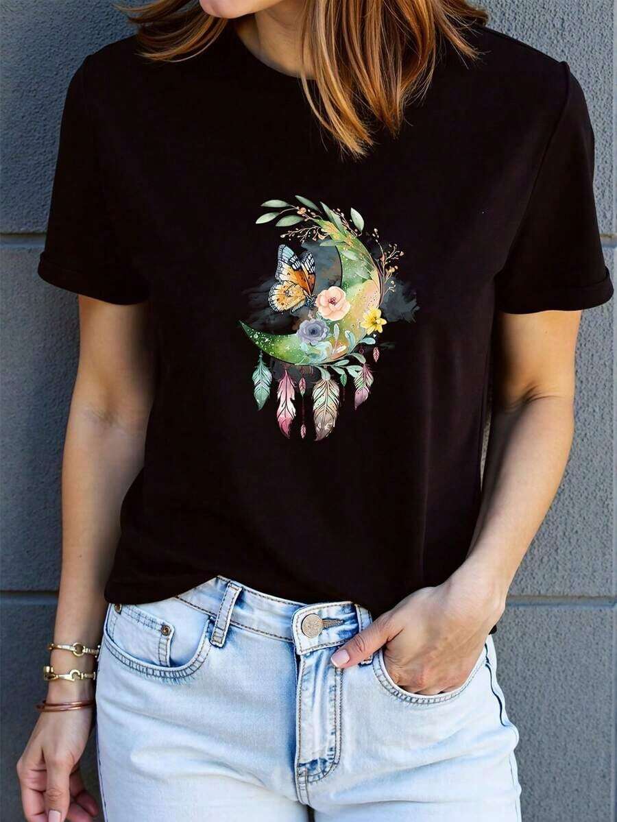 blusas Top Deportivo Casual con Cuello Redondo y Estampado Floral de Mariposa Lunar - Camiseta de Manga Corta para Mujer, Estilo Y2K, Cómoda, Lavable a Máquina, para Todas las Temporadas, Tela de Calidad, Atuendo a la ModaSuitable for spring, summer and autumn - Negro - Ver 1