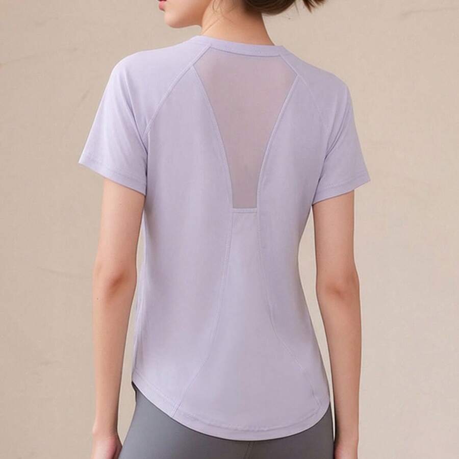 Nueva camiseta deportiva para mujer con espalda de malla, tejido elástico de efecto segunda piel, diseño estilizador para yoga y running - Morado - Ver 1