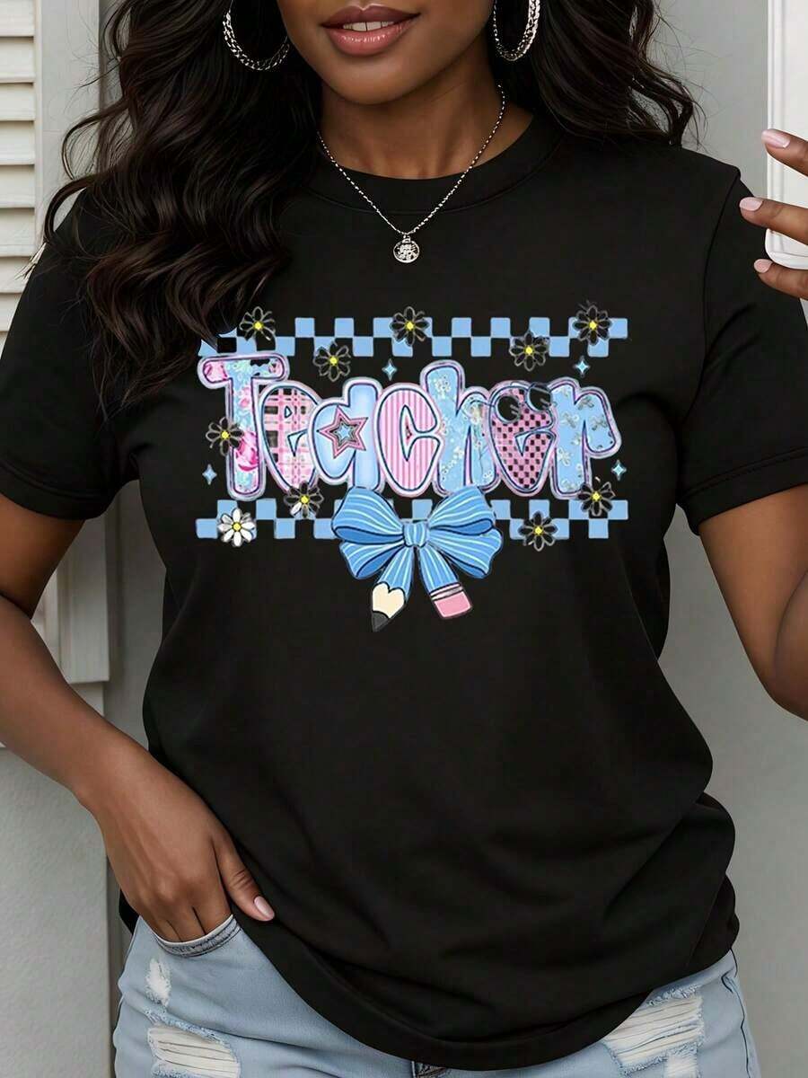 Camiseta de Profesora con Diseño de Lazo y Lápices para Mujer, Camiseta Casual de Verano, Camiseta con Gráficos de Temática Escolar, Estilo Vintage Urbano, Unisex, de Algodón, Manga Corta, Cuello Redondo, 100% Algodón - Negro - Ver 1