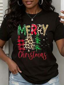 Camiseta Blanca de Mujer con Estampado de Árbol de Navidad y Cuadros de Leopardo - Camiseta Gráfica Festiva para las Fiestas - Estilo Vintage Urbano Unisex - Camiseta de Manga Corta de Algodón Suelto con Cuello Redondo - 100% algodón - Negro - Ver 7