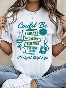 T-Shirt With Nightlife Print And Medical Icons For Casual And Sporty Use - Vintage Urban Style, Unisex, Cotton, Short Sleeve, Round Neck, 100% Cotton. - 白色 - 查看 7