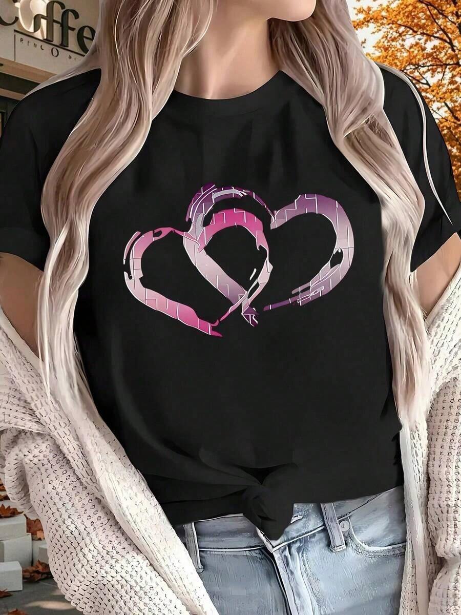 Camiseta moderna mujer corazones colorido estampado romántico manga corta estilo casual para todos los días disponible en negro y tallas variadas moda femenina popular - Negro - Ver 1