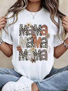 1 pieza Camiseta con estampado de leopardo y flores Mama Mama Mama, blanca, informal, para mujer, para el Día de la Madre y uso diario, 180g, 100% algodón. - Blanco - Ver 10