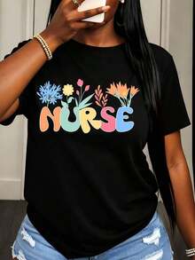 Camiseta de Enfermera para Mujer con Estampado Floral Colorido y Texto de Enfermera, Ropa Casual de Verano para Mujeres - Negro - Ver 1