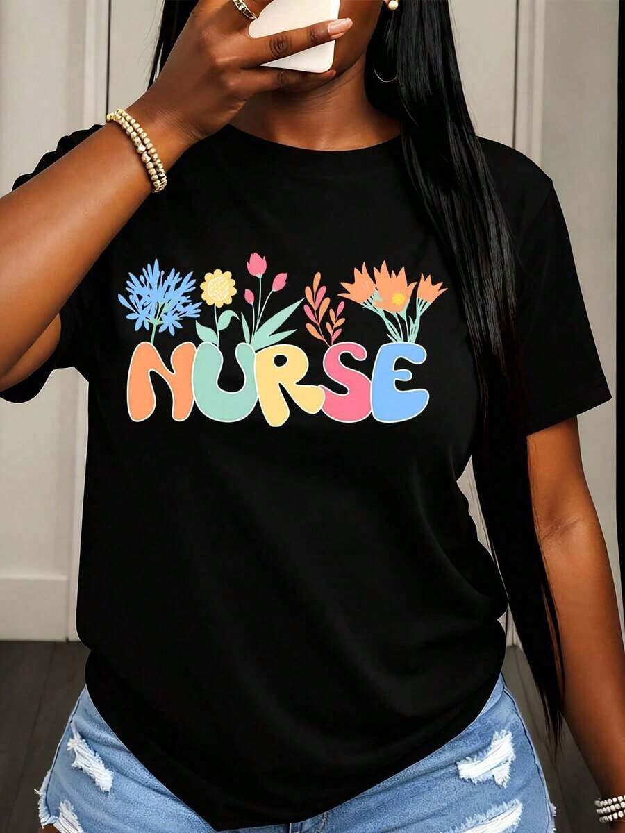 Camiseta de Enfermera para Mujer con Estampado Floral Colorido y Texto de Enfermera, Ropa Casual de Verano para Mujeres - Negro - Ver 1