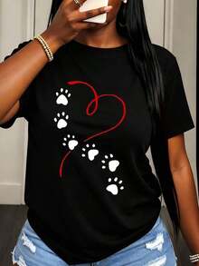 Camiseta Casual para Mujer con Estampado de Huella de Perro y Diseño de Corazón para Uso Diario y Amantes de Mascotas - Negro - Ver 1
