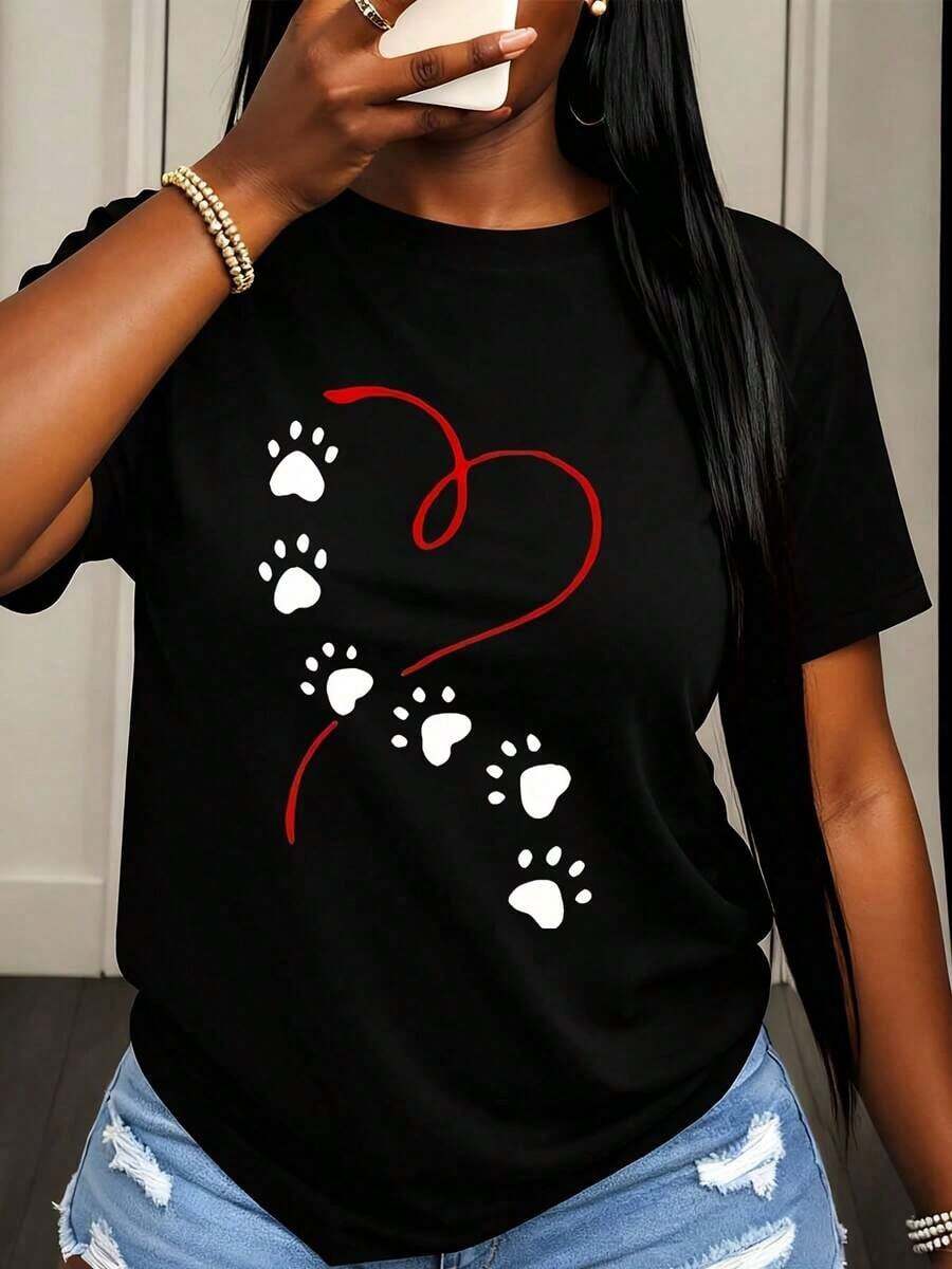 Camiseta Casual para Mujer con Estampado de Huella de Perro y Diseño de Corazón para Uso Diario y Amantes de Mascotas - Negro - Ver 1