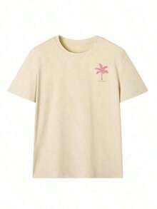 Women's Short-Sleeved T-Shirt With A Round Neck And Palm Print, A Casual And Modern Style, Ideal For Summer, Your Everyday Essential. Printed T-Shirt, White Top For Women, Top, Pink Top, Holiday Set, 100% Cotton - 杏色 - 查看 5