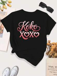 Camiseta de mujer talla Koko XOXO Warm Cursive Art, camiseta deportiva casual de talla grande para mujer, uso diario, atuendo de fin de semana, camiseta de moda, top de moda, camiseta elástica, tela suave, corte holgado, top cómodo, ropa casual. - Negro - Ver 1