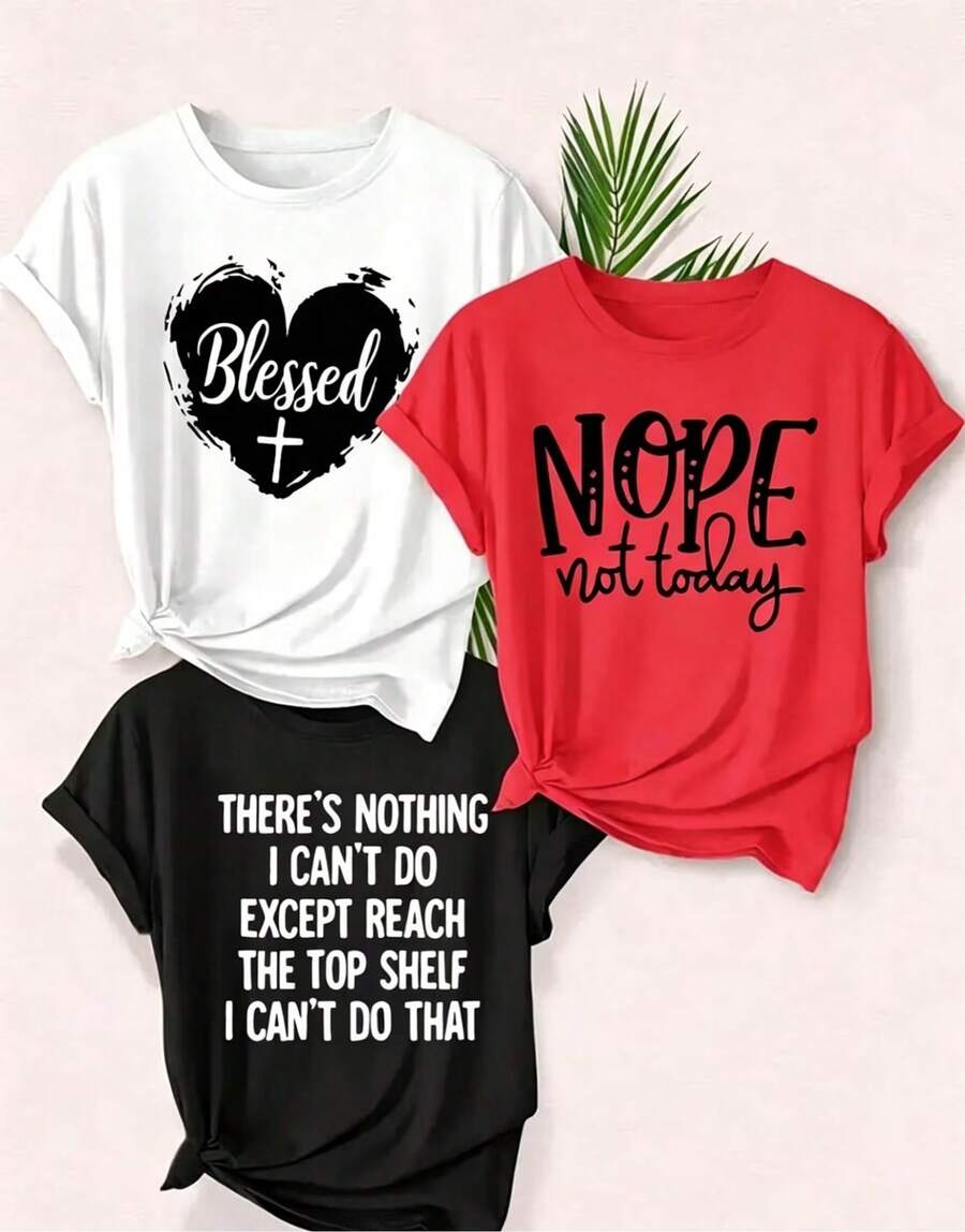 Artículo de moda: Prenda 3 piezas/set de camisetas de manga suitable for streetwear, Top oversized cuello redondo daily outings, camping, concerts, hip-hop, rock, and rap events Camiseta casual de manga corta para mujer, con estampados de alta calidad como "Heart Cross", "No, not today", "Nothing is impossible", camiseta de manga corta con cuello redondo, top deportivo casual de algodón puro y transpirable, regalo para las fiestas, camiseta para mujer. - Blanco - Ver 1