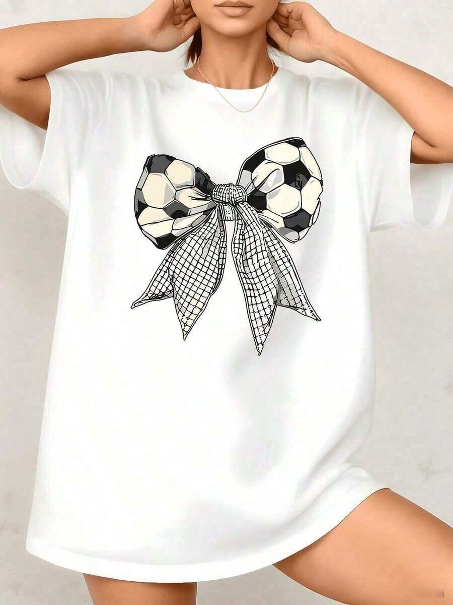 Fashion NEW Women's T-Shirt With Graphic Print Of A Soccer Ball And Bow, Sports Theme, 100% Cotton, Crew Neck, Loose Fit, 1 Piece. Excellent Gifts For Friends And Family, Cute And Fun Style - Unisex Cotton T-Shirt, Short Sleeve, Crew Neck, Vintage Urban Style. - 白色 - 查看 1
