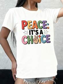 Camiseta blanca de Women's Peace Choice, una excelente opción de regalo. Esta camiseta de corte regular es adecuada para uso casual durante todo el año y es una excelente opción para salidas de verano y fines de semana de relax. Hecho de tela cómoda y elástica. Camiseta de manga corta cómoda y versátil. - Blanco - Ver 7