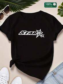 playeras de mujer algodon Talla - Camiseta Casual de Mujer con Cuello Redondo Acanalado y Manga Corta -% Algodón, Estampado Gráfico de Letras, Corte Regular, Comodidad para Todas las Estacio - Negro - Ver 2