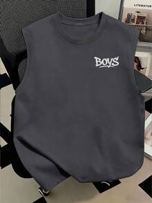Teen Boys Sleeveless Tank Top, Printed With "Boys" And Baseball Cap Pattern, Fashionable And Versatile, Suitable For Teen Summer Outdoor Wear - Dark Grey - View 3
