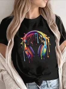 Camiseta de manga corta de poliéster con cuello redondo, estampada con un colorido diseño de auriculares, ligera y duradera, adecuada para el hogar, cafeterías o uso casual al aire libre. Diseño de colores vivos, ideal para amantes de la música. Blusas Para Mujer Casual - Negro - Ver 7