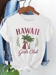 Camiseta moderna y minimalista para mujer con temática de "HAWAII Girls" y decoración con eslogan de chica hula, manga corta informal, color rojo vino, estilo dulce y fresco para vacaciones, perfecta para salidas con amigas, uso diario casual. - Blanco - Ver 1