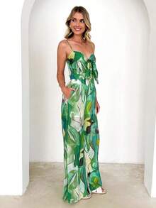 Mono estampado con tirantes y lazos de lazo, diseño casual elegante ideal para uso diario y ocasiones especiales - Verde - Ver 1
