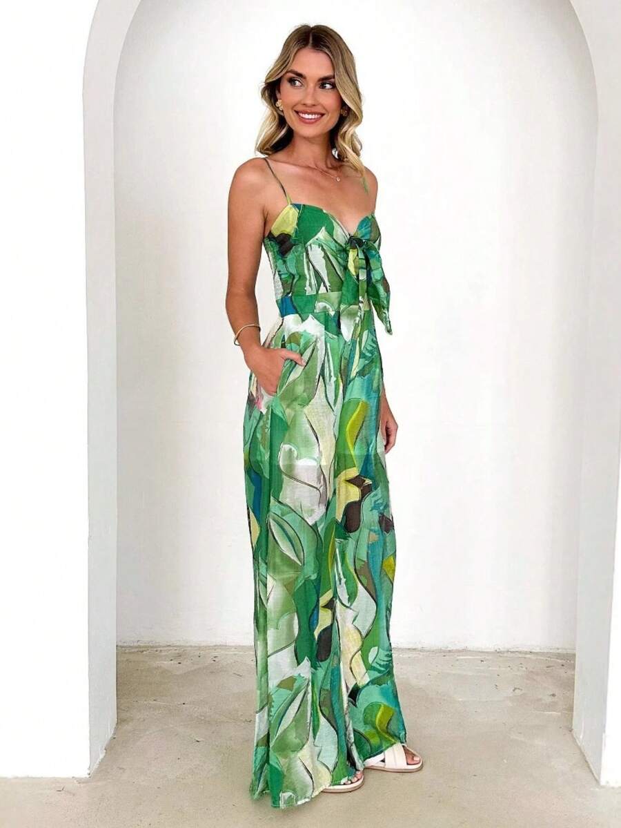 Mono estampado con tirantes y lazos de lazo, diseño casual elegante ideal para uso diario y ocasiones especiales - Verde - Ver 1