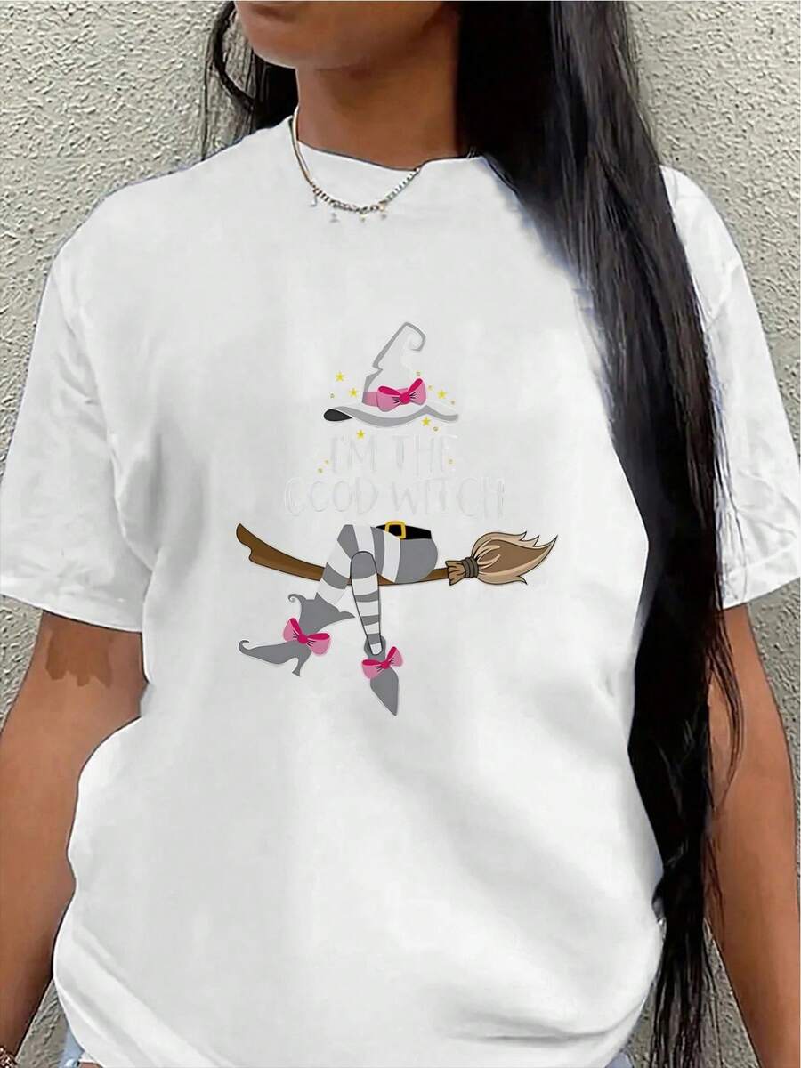Camiseta de manga corta, decorada con un diseño de "Soy una buena bruja", ligera y duradera, adecuada para fiestas de Halloween, uso diario y atuendos festivos, con divertidos estampados de brujas intercalados. - Blanco - Ver 1