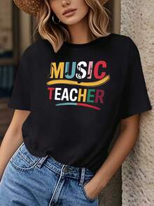 ¡Oferta por tiempo limitado, unidades limitadas,  relámpago! Camisas casuales para mujer, camisetas de poliéster para mujer, camisas elegantes.Camiseta de Música para Mujer con Notas Musicales Coloridas y Estampado "MUSIC TEACHER" - Manga Corta y Cuello Redondo Casual para Eventos, Coros, Clases de Piano - Regalo Transpirable para Educadores en Todas las Estaciones - Negro - Ver 8