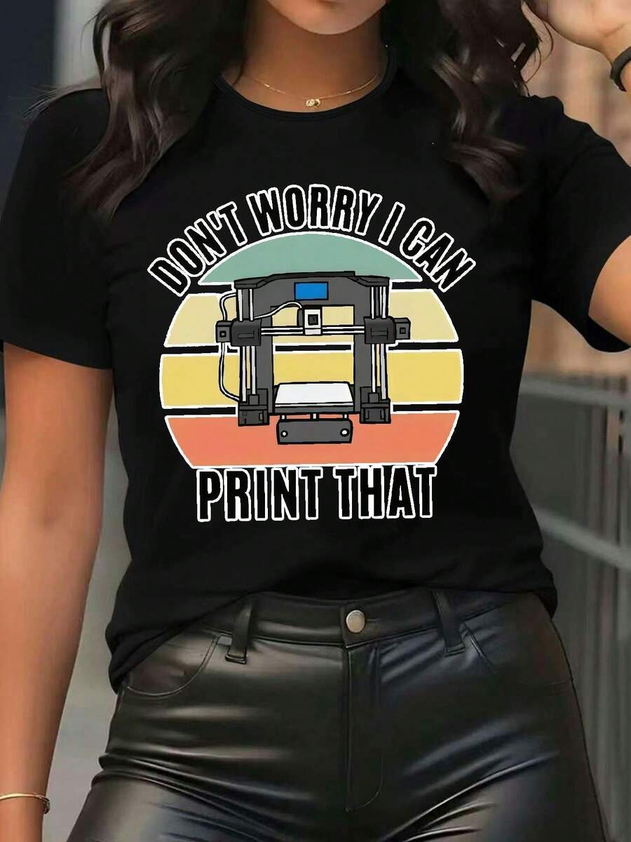Camiseta de cuello redondo | El nuevo modelo de esta temporada 260105147, camiseta con estampado geométrico lavable a máquina, adecuada para primavera y otoño - ropa diaria de moda para mujer. Una camiseta de manga corta cómoda y versátil. - Negro - Ver 1