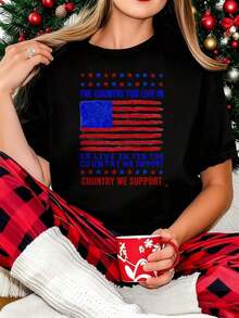 Camiseta de poliéster de manga corta y cuello redondo para mujer |     Diseño Patriótico de la Bandera de Estados Unidos con Estampado de Estrellas y Rayas |     Para la Celebración del Día de la Independencia y el Orgullo Nacional |     Apoya el país en el que vives o el país que apoyamos. Playeras de mujer con eslogan. - Negro - Ver 7