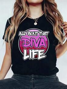 Camiseta Casual% para Mujer - Estampado Enjoy Goddess Life, corte holgado, cuello redondo, manga corta, negra con diseño geométrico rosa y morado, transpirable, adecuada para todas las estaciones, para acampar, reuniones sociales, vacaciones y como regalo navideño - Camiseta Unisex de Estilo Urbano Vintage, de algodón, manga corta y cuello redondo. - Negro - Ver 1