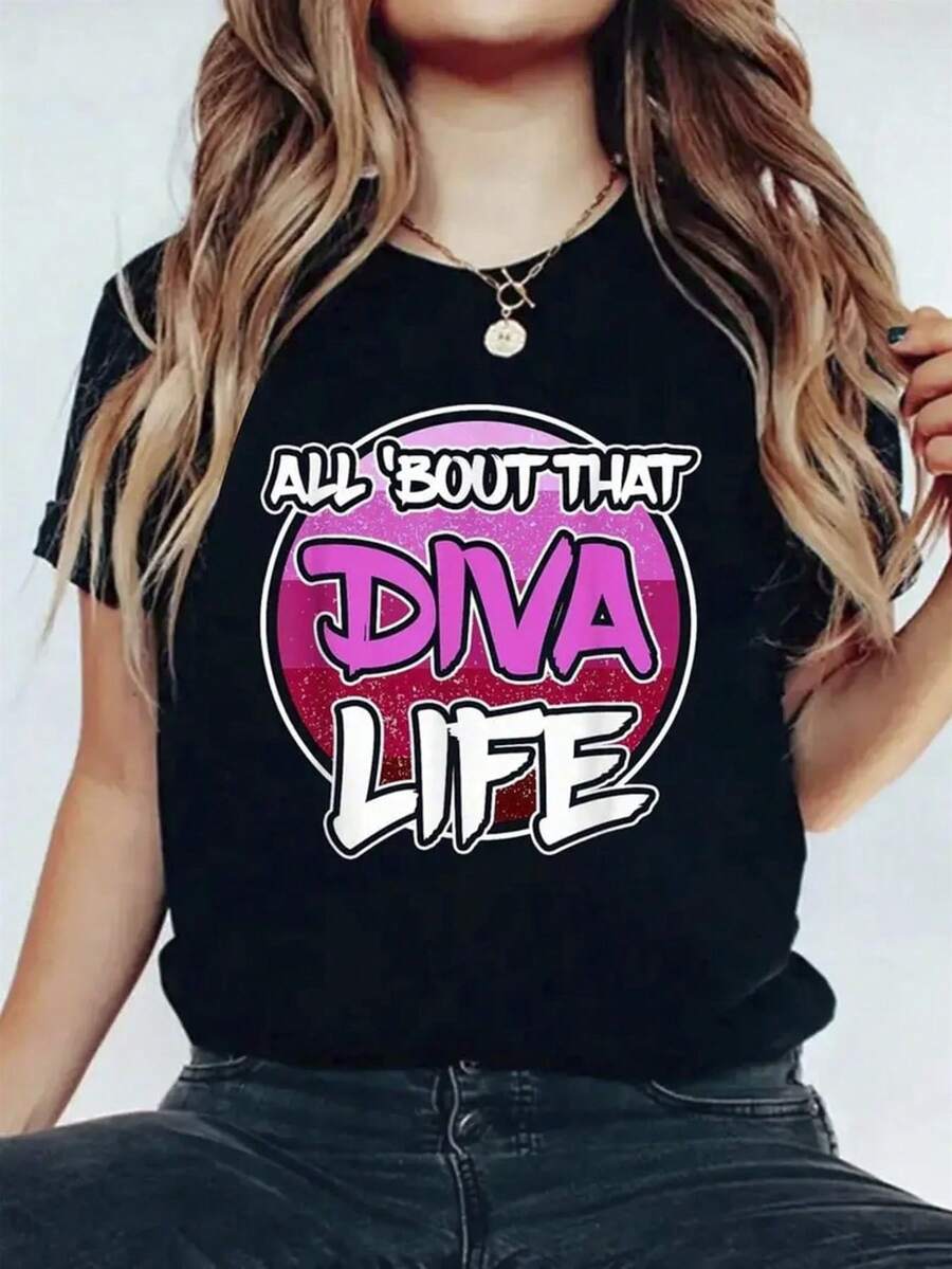 Camiseta Casual% para Mujer - Estampado Enjoy Goddess Life, corte holgado, cuello redondo, manga corta, negra con diseño geométrico rosa y morado, transpirable, adecuada para todas las estaciones, para acampar, reuniones sociales, vacaciones y como regalo navideño - Camiseta Unisex de Estilo Urbano Vintage, de algodón, manga corta y cuello redondo. - Negro - Ver 1