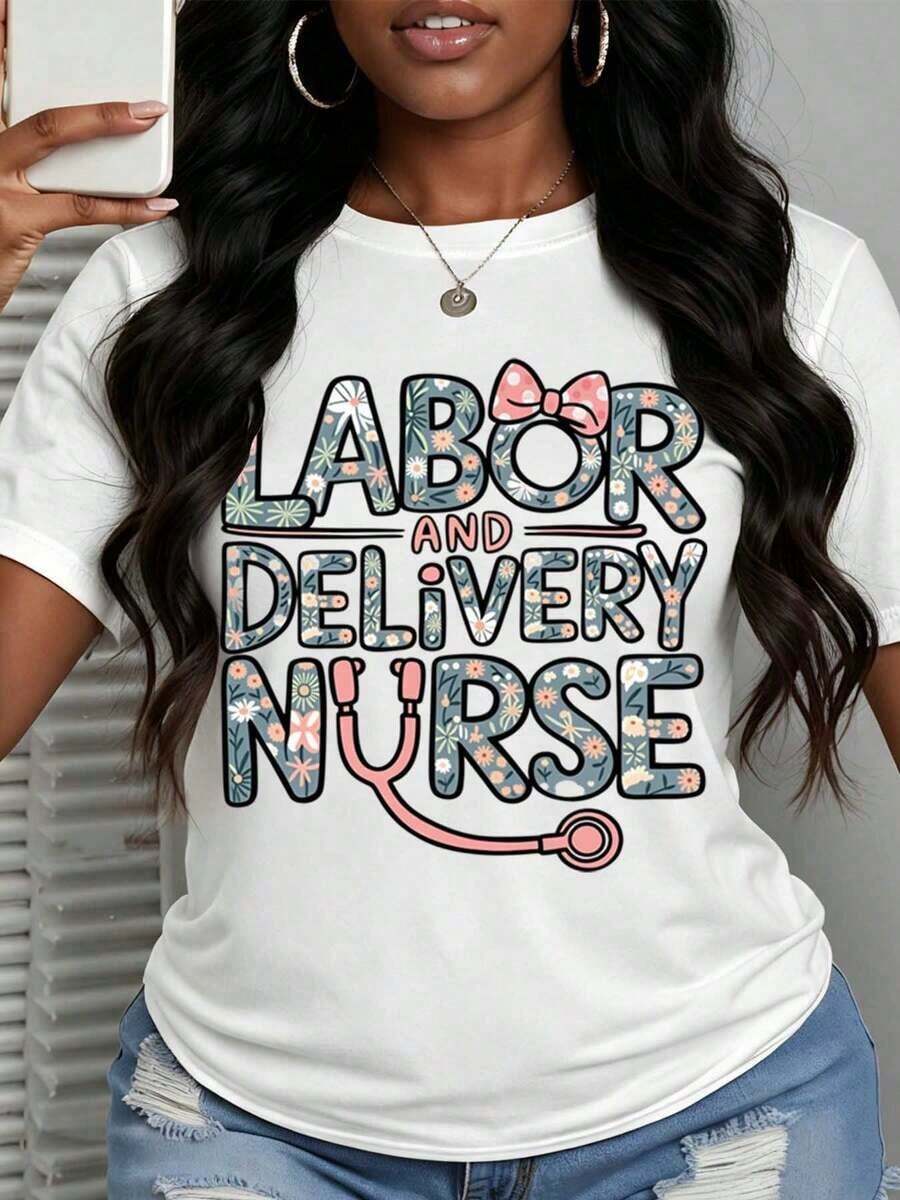 Camiseta Casual de Mujer con Cuello Redondo y Estampado Divertido, Manga Corta, Diseño Floral para Enfermeras de Parto y Maternidad, 100% Algodón, Ideal para Regalo o Celebración de la Profesión de Enfermera. - Blanco - Ver 1