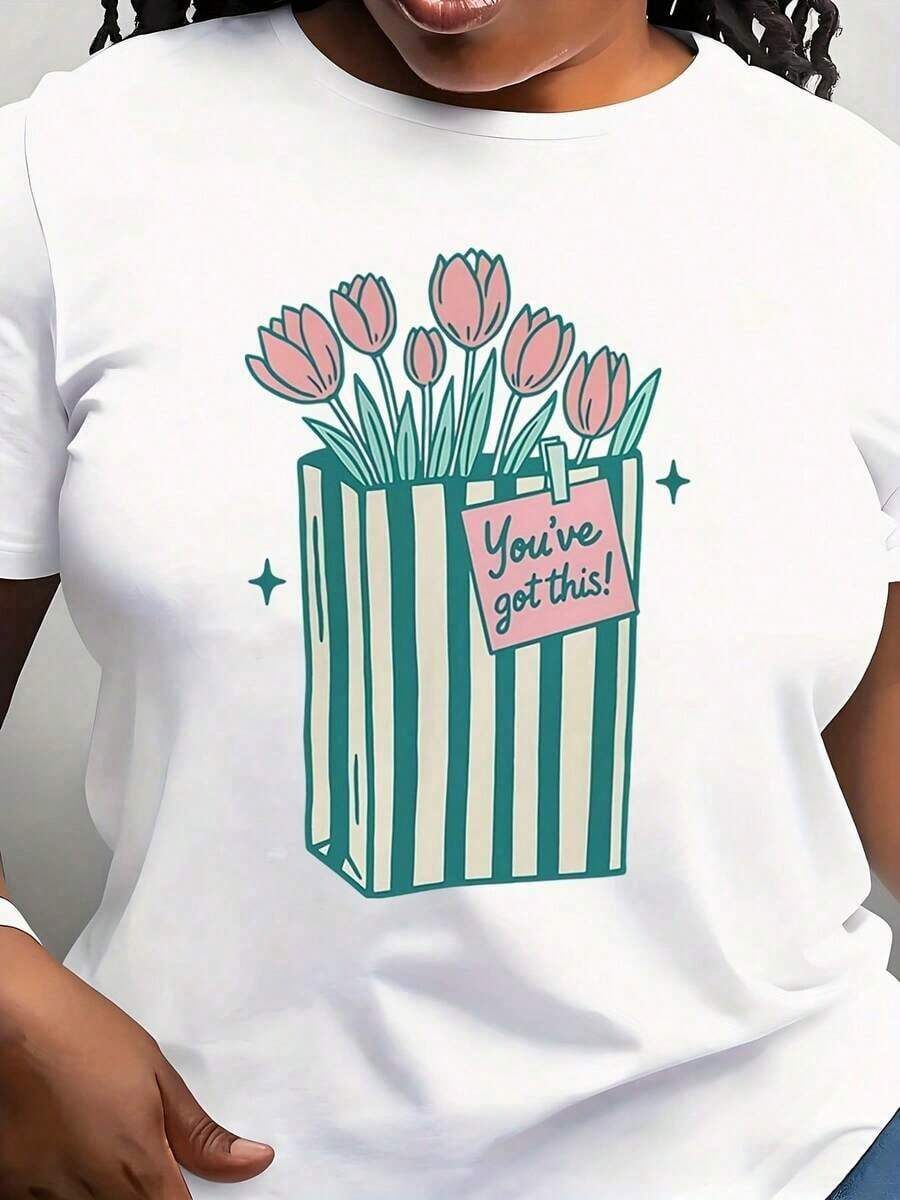 Sudadera con Capucha Floral para Mujer Moderno - Blanca con Tulipanes Rosados - Tela Suave y Transpirable - Ideal para Atuendos Casuales y Formales - Prenda Esencial de Primavera/Verano, Camisetas para Mujer, Moda de Primavera, Top, Ajuste Cómodo, Camiseta Estampada, Ropa Casual de Primavera - Blanco - Ver 1