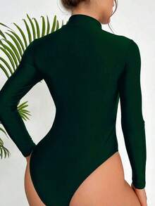 2026 Swim SPRTY Women's Minimalist Solid Color One-Piece Swimsuit With Zipper Closure, Suitable For Spring/Autumn Beach Vacation - Fresh Green - 查看 2