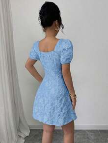Vestido de mujer elegante de cuello cuadrado con mangas abullonadas y estampado jacquard de unicolor - Azul - Ver 2