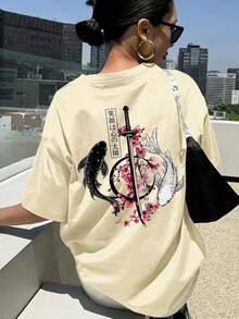 Women's Short-Sleeved T-Shirt With Round Neck, White, With Japanese Koi Fish Design, Casual And Versatile, Suitable For Daily Wear, Vacation, Summer Pink Color. - Apricot - View 6