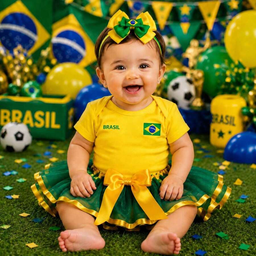 3-Piece Baby Girl Bodysuit Set - Brazil Themed Monthly Milestone Photoshoot - Yellow Bodysuit (Size 10) + Skirt + Bow - 黃色 - 查看 1