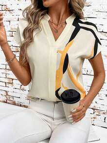 Blusa holgada de verano con cuello en V y estampado geométrico en color albaricoque para mujeres, blusas elegantes de primavera para maestras - Albaricoque - Ver 1