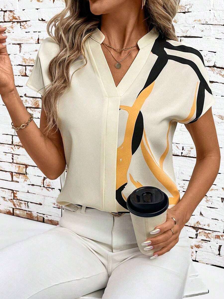 Blusa holgada de verano con cuello en V y estampado geométrico en color albaricoque para mujeres, blusas elegantes de primavera para maestras - Albaricoque - Ver 1